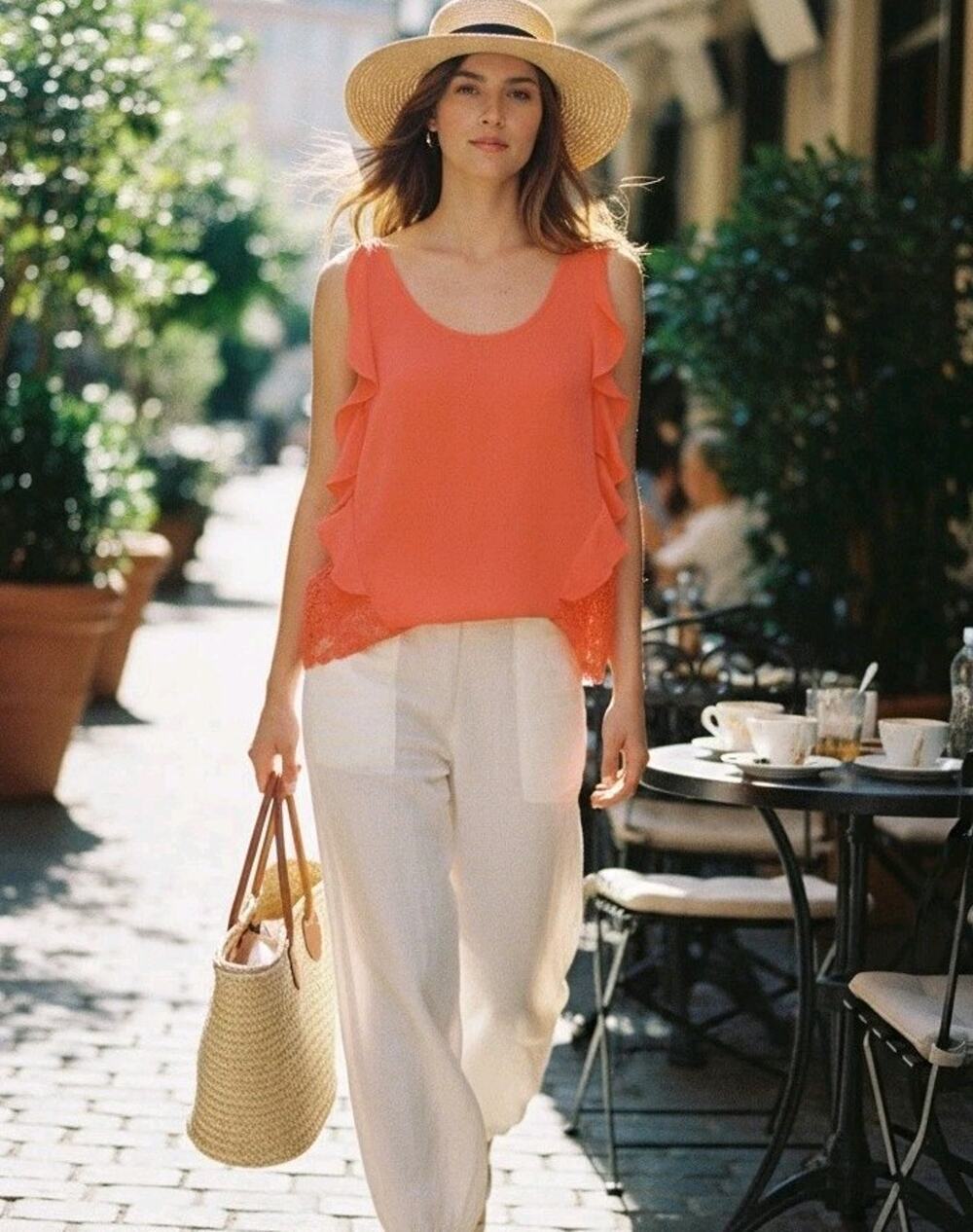 Lauren Conrad Coral Sleeveless Blouse Matching Coral‎ Lace SZ L
